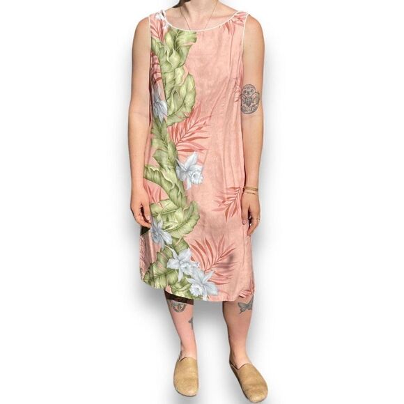 Vintage 90s The Hawaiian Original Pink Palm Leaf Tropical Knee Length Mini Dress - Picture 2 of 7